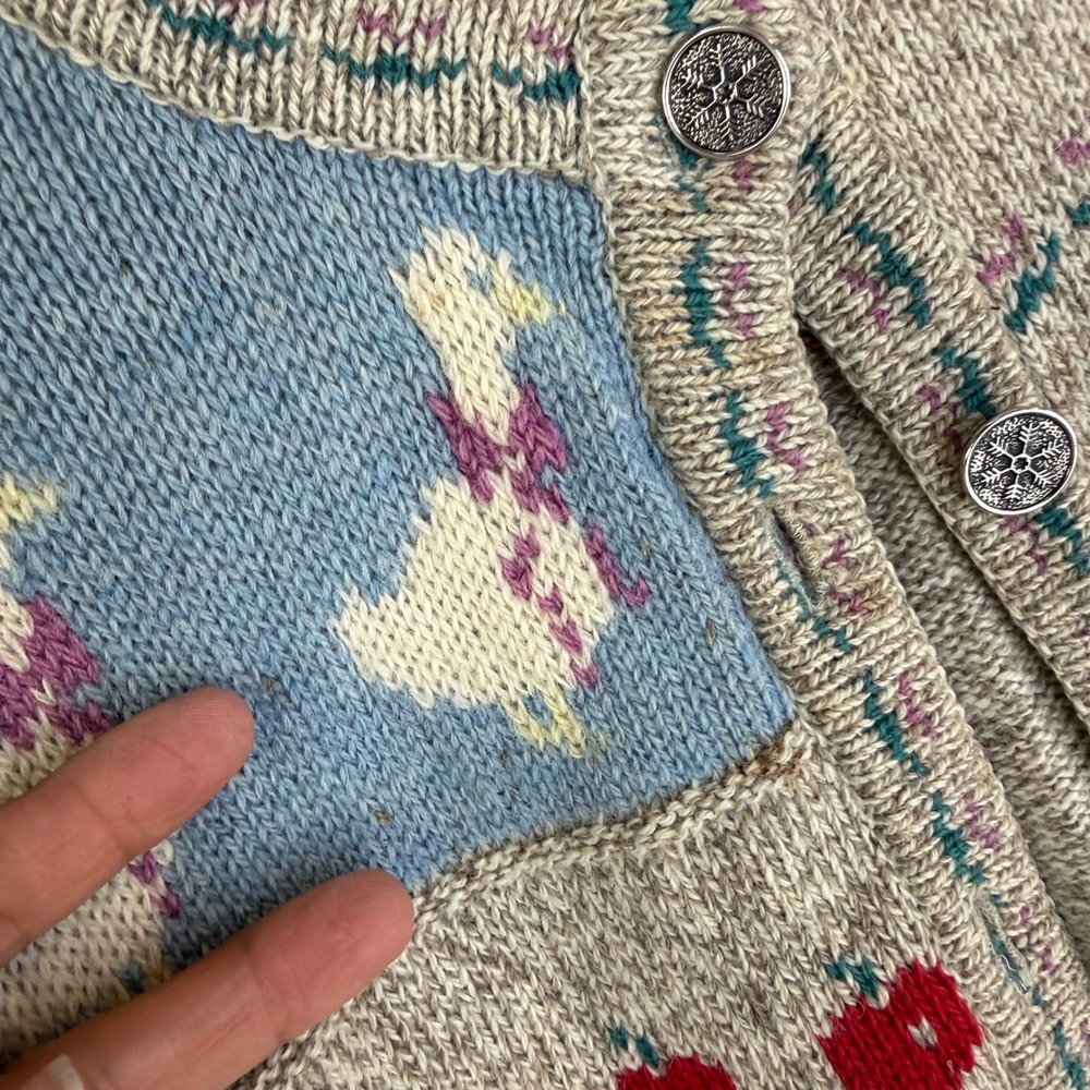 Woolrich Cardigan Sweater Women M Tan Intarsia Folk Art Geese Apple Carriage - Picture 10 of 12